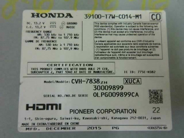 HONDA HR-V 2016-2017-2018 OEM RADIO NAVIGATION 39100-T7W-C014-M1 SCREEN