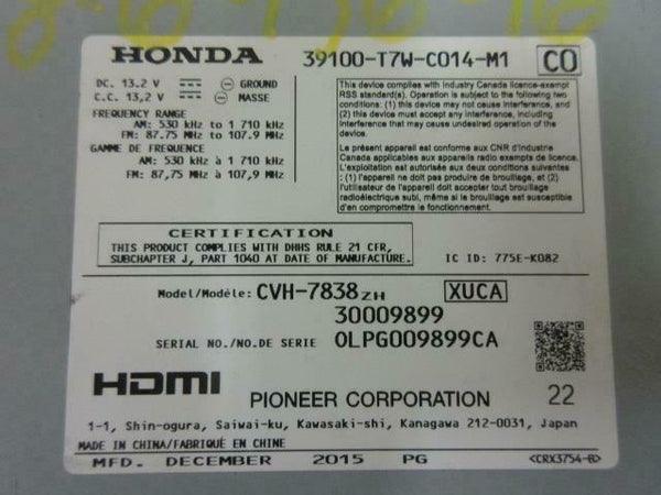 HONDA HR-V 2016-2017-2018 OEM RADIO NAVIGATION 39100-T7W-C014-M1 SCREEN